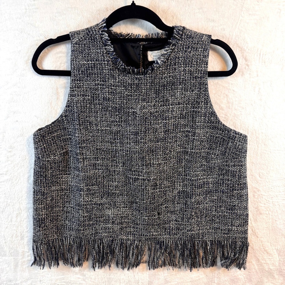 Mud Pie Womens Baker Fringe Navy Blue White Tweed Hem Sleeveless‎ Shell Top M